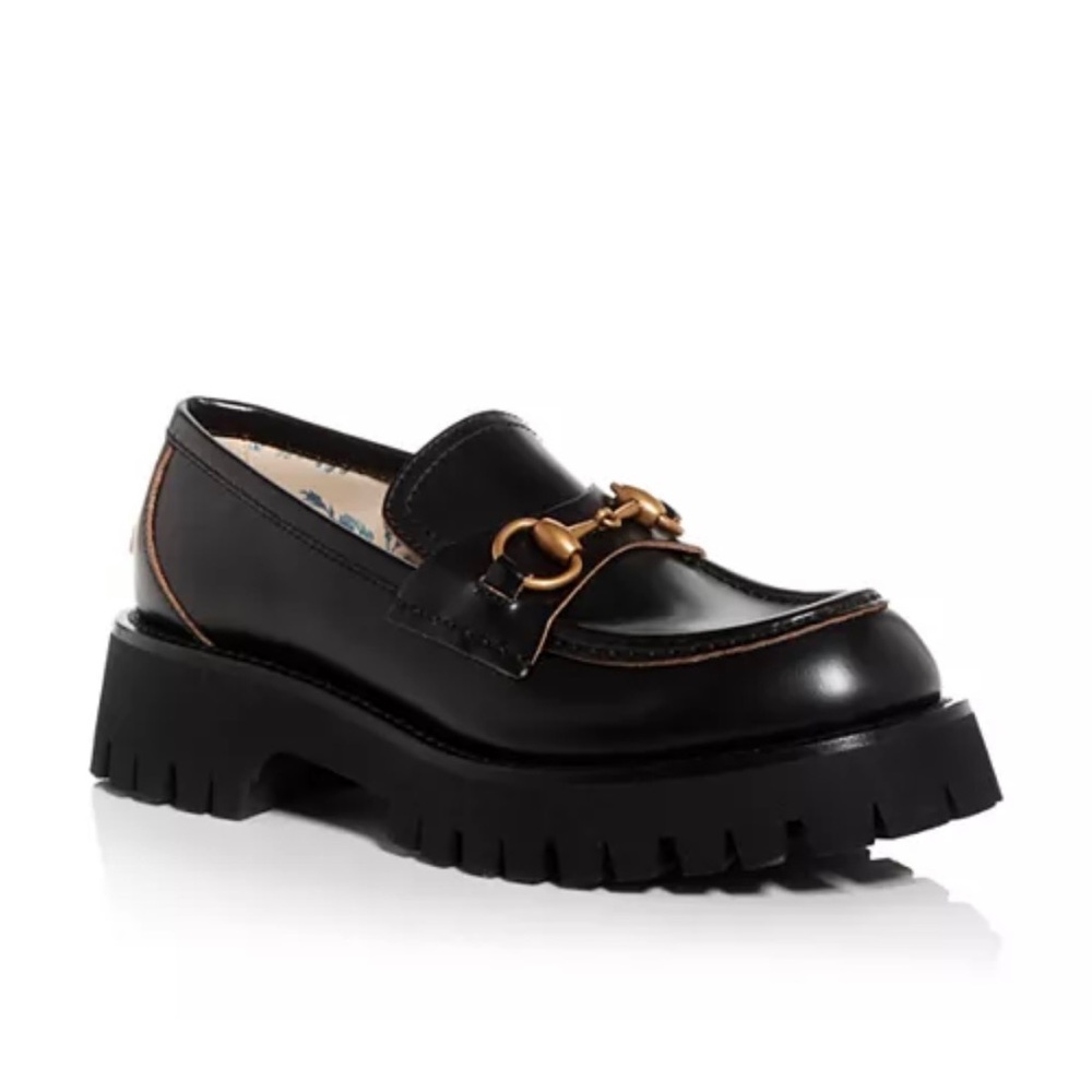 Authentic GUCCI Women's Lug Sole Horsebit Loafers Black Leather Gold hardware